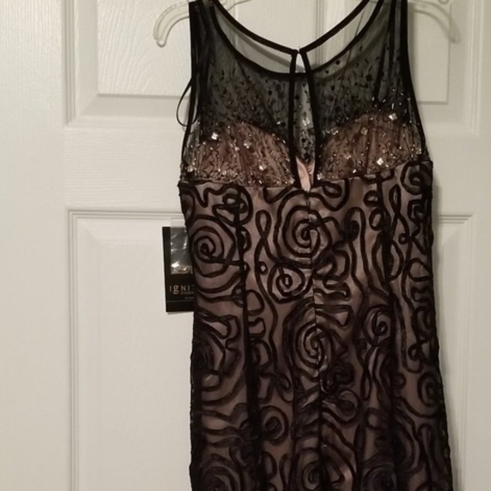 Ignite Evening Black and Tan Lined Dress With Beaded Illusion Neckline Size 10